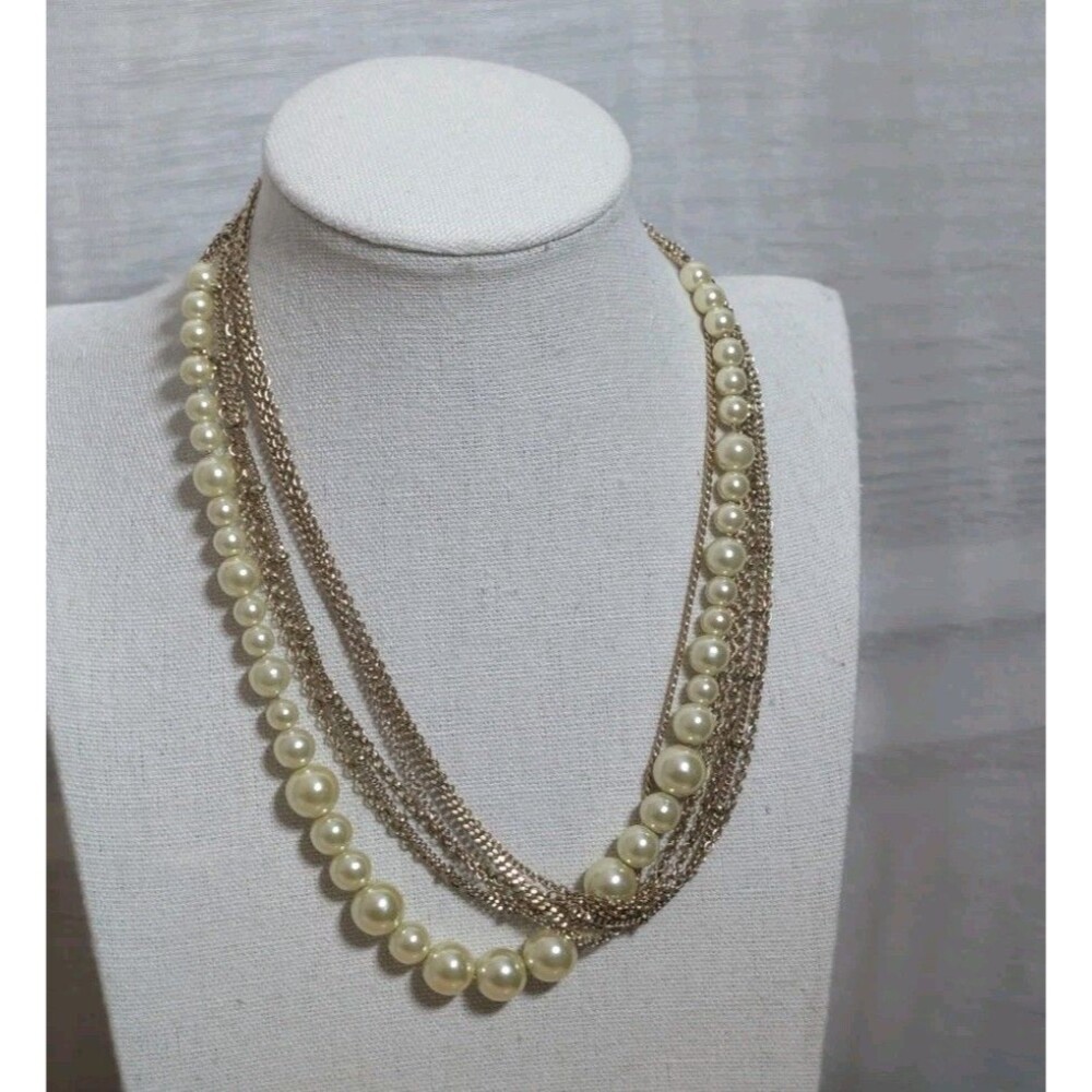 Vintage Monet Multi Strand Necklace Faux Pearl Cascade Gold Tone Layered